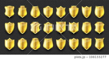 Set of various vintage 3d metal shield icons. Shiny golden heraldic shields. Black protection and security symbol, label. Vector illustration 108133277