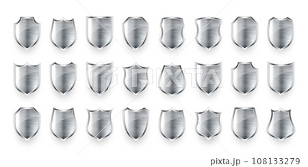 Set of various vintage 3d metal shield icons. Shiny steel heraldic shields. Black protection and security symbol, label. Vector illustration 108133279
