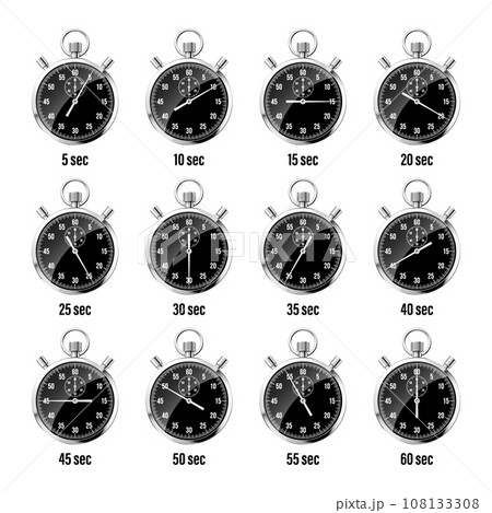 Realistic classic stopwatch. Shiny metal chronometer, time counter with dial. Countdown timer showing minutes and seconds. Time measurement for sport, start and finish. Vector illustration Realistic classic stopwatch. Shiny metal chronometer, time counter with dial. Countdown timer showing minutes and seconds. Time measurement for sport, start and finish. Vector illustration 108133308