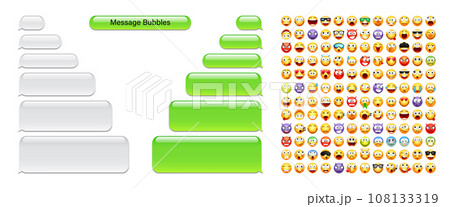 Blank message bubbles with emoji. Green chat or messenger speech bubble. SMS text frame. Short message sending. Conversation screen. Social media application. Vector illustration 108133319