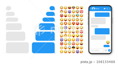 Smartphone messaging app, user interface design with emoji. SMS text frame. Chat screen with blue message bubbles. Texting app for communication. Social media application. Vector illustration Smartphone messaging app, user interface design with emoji. SMS text frame. Chat screen with blue message bubbles. Texting app for communication. Social media application. Vector illustration 108133488