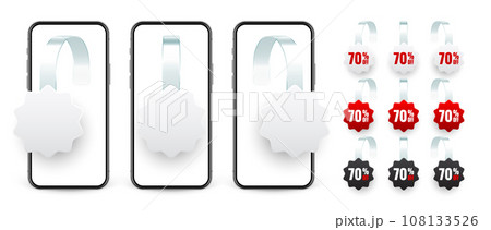 Supermarket promotional wobblers and smartphone. Realistic wobbler for shelf advertising. Sale, percent discount label. Special offer price tag. Online, web shop concept. Vector illustration 108133526