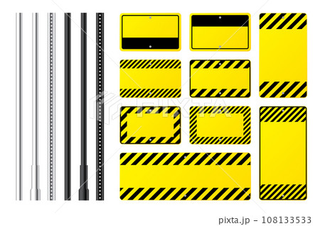 Warning, danger signs, attention banners with metal poles. Blank yellow caution sign, construction site signage. Notice signboard, warning banner, road shield. Vector illustration Warning, danger signs, attention banners with metal poles. Blank yellow caution sign, construction site signage. Notice signboard, warning banner, road shield. Vector illustration 108133533