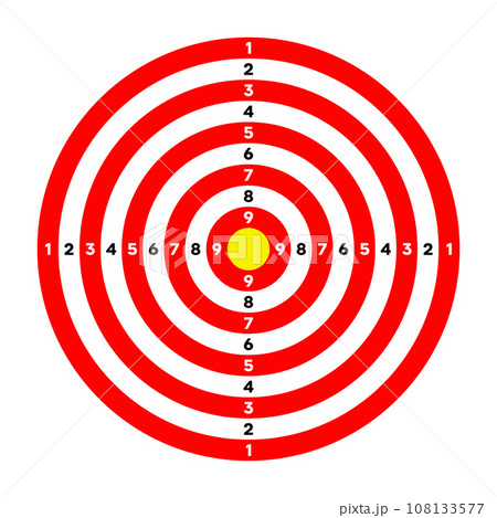 Shooting range paper target with divisions, marks and numbers. Archery, gun shooting practise and training, sport competition and hunting. Bullseye and aim. Vector illustration Shooting range paper target with divisions, marks and numbers. Archery, gun shooting practise and training, sport competition and hunting. Bullseye and aim. Vector illustration 108133577