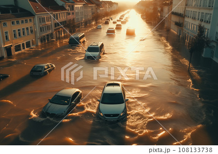 Climate change disaster flood catastrophe concept background - cars in flooded street of European city town 108133738