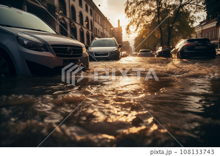 Climate change disaster flood catastrophe concept background - cars in flooded street of European city town 108133743