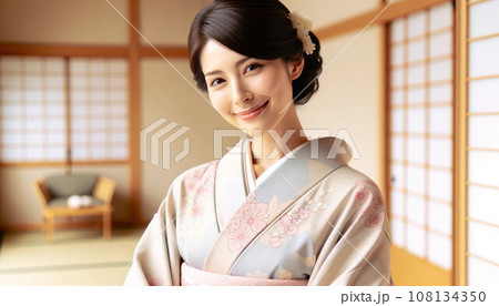 和室の廊下にいる着物の女性（AI生成） 108134350