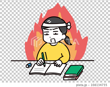真剣に勉強する私服の若い女性とやる気の炎(上半身) 真剣に勉強する私服の若い女性とやる気の炎(上半身) 108134735