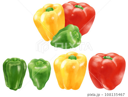 水彩で描いたピーマンとパプリカのイラストセット 水彩で描いたピーマンとパプリカのイラストセット 108135467