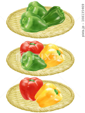 ザルにのったピーマンとパプリカのイラストセット ザルにのったピーマンとパプリカのイラストセット 108135469