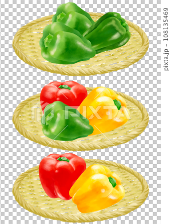 ザルにのったピーマンとパプリカのイラストセット ザルにのったピーマンとパプリカのイラストセット 108135469