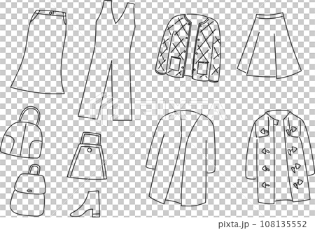 いろんな服の手描き線画イラストセット いろんな服の手描き線画イラストセット 108135552