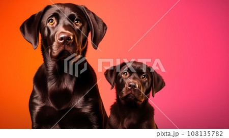 Advertising portrait, banner, funny mother and puppy brown labrador dogs, straight look to the camera, isolated on pink background. High quality illustration 108135782