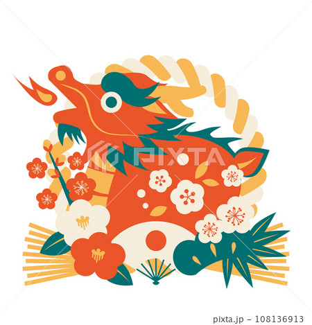 年賀状、しめ飾り、辰年、おしゃれ、かわいい、アイコン、朱色、レトロカラー 108136913