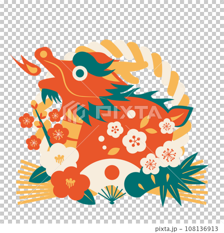 年賀状、しめ飾り、辰年、おしゃれ、かわいい、アイコン、朱色、レトロカラー 108136913