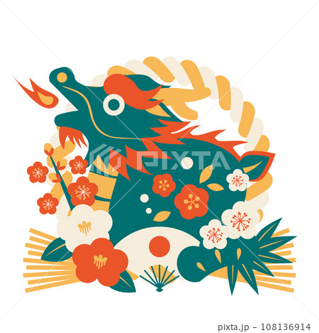 年賀状、しめ飾り、辰年、おしゃれ、かわいい、アイコン、青、レトロカラー 年賀状、しめ飾り、辰年、おしゃれ、かわいい、アイコン、青、レトロカラー 108136914