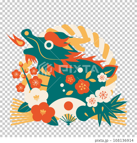 年賀状、しめ飾り、辰年、おしゃれ、かわいい、アイコン、青、レトロカラー 年賀状、しめ飾り、辰年、おしゃれ、かわいい、アイコン、青、レトロカラー 108136914