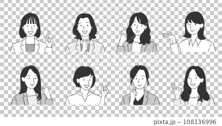 働く女性の様々なポーズセット モノクロイラスト 働く女性の様々なポーズセット モノクロイラスト 108136996