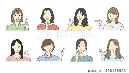 笑顔の女性の様々なポーズイラストセット 笑顔の女性の様々なポーズイラストセット 108136998