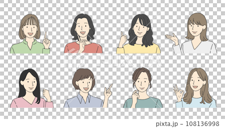 笑顔の女性の様々なポーズイラストセット 笑顔の女性の様々なポーズイラストセット 108136998