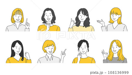 笑顔の女性の様々なポーズイラストセット 笑顔の女性の様々なポーズイラストセット 108136999