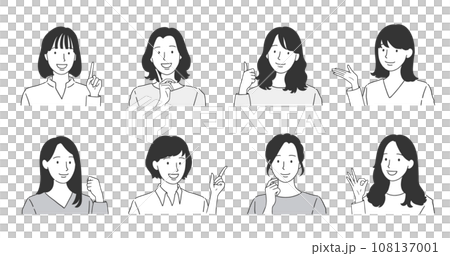 微笑的女人姿勢設置單色插圖 微笑的女人姿勢設置單色插圖 108137001