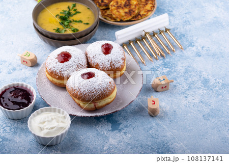 Traditional Jewish holiday Hanukkah food. Traditional Jewish holiday Hanukkah food. 108137141