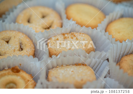Danish butter cookies sweet tea biscuits in paper packaging Danish butter cookies sweet tea biscuits in paper packaging 108137258