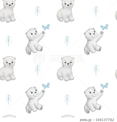 Seamless pattern with cute polar baby bear and butterfly. Watercolor cartoon hand drawn childish pattern for kids or newborn. Funny little animal on white background 108137782