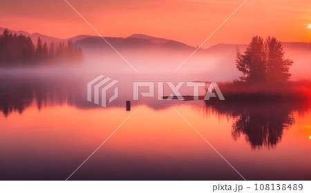 Gorgeous panorama scenic of the strong sunrise with silver lining and cloud on the orange pinky sky 108138489