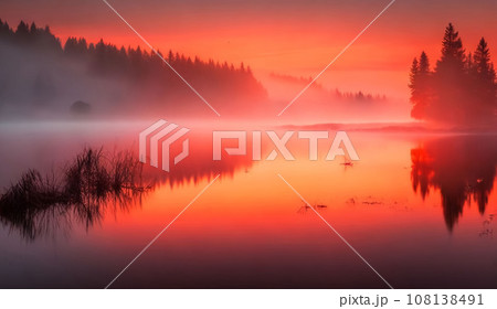 Gorgeous panorama scenic of the strong sunrise with silver lining and cloud on the orange pinky sky 108138491