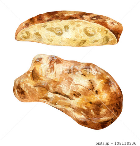 Ciabatta whole and slice watercolor illustration isolated on white background. Hand drawn Italian bread for bakery. Painted bread. Element for design signage, menu, cookbook, paper, packaging 108138536