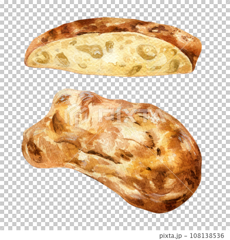 Ciabatta whole and slice watercolor illustration isolated on white background. Hand drawn Italian bread for bakery. Painted bread. Element for design signage, menu, cookbook, paper, packaging 108138536