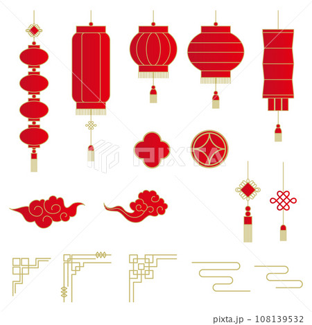 中華風提灯、飾りアイテム、フレームパーツのベクターイラストセット 108139532