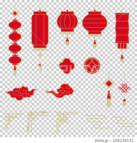 中華風提灯、飾りアイテム、フレームパーツのベクターイラストセット 108139532