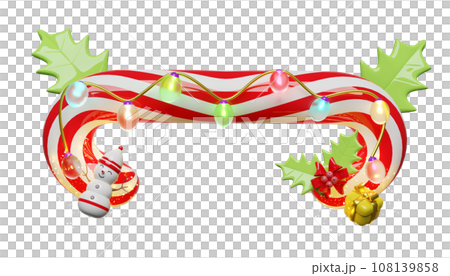 candy cane with red bow, holly berry leaves, glass transparent lamp. merry christmas and happy new year, 3d render illustration 108139858