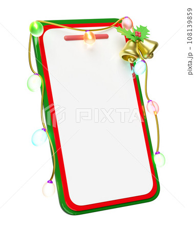 3d mobile phone, smartphone with Jingle bell, holly berry leaves, glass transparent lamp, party banner. merry christmas and happy new year, online shopping, 3d render illustration 108139859