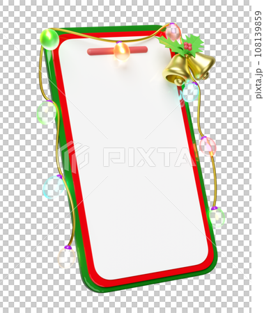 3d mobile phone, smartphone with Jingle bell, holly berry leaves, glass transparent lamp, party banner. merry christmas and happy new year, online shopping, 3d render illustration 108139859