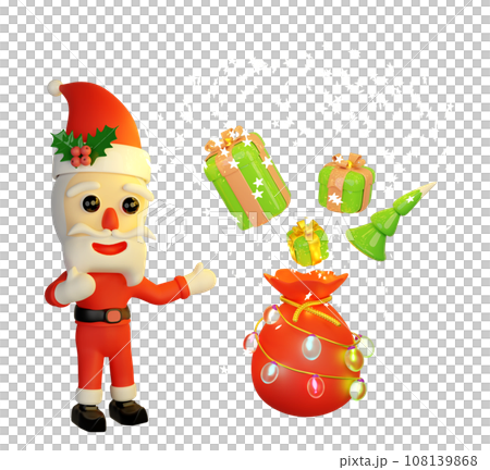 Santa Claus with glowing stars, magic bag, christmas tree, holly berry leaves, gift box, hat, glass transparent lamp garlands. merry christmas and happy new year, 3d render illustration Santa Claus with glowing stars, magic bag, christmas tree, holly berry leaves, gift box, hat, glass transparent lamp garlands. merry christmas and happy new year, 3d render illustration 108139868