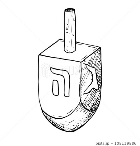 Vector wooden dreidel black and white illustration for Hanukkah greeting card. Jewish sevivon toy with Hebrew letters 108139886