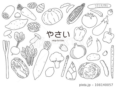 四季の野菜たくさん 手書き線画のイラストセットのイラスト素材