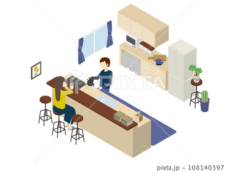 アイソメトリックなキッチン　おうちカフェ 108140397