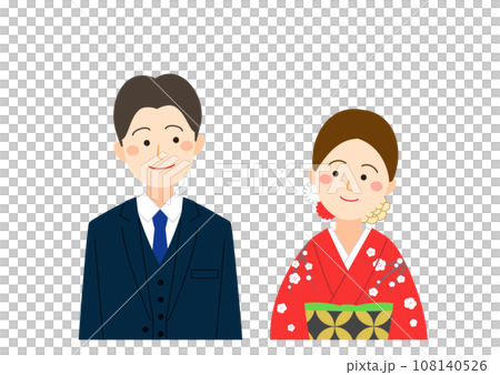 一對穿著西裝和服的男人和女人互相看著對方 108140526