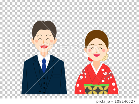 穿著西裝和和服的微笑的男女夫婦 108140527