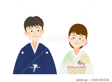 見つめ合う紋付袴と着物の男女カップル 108140556