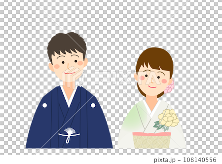 見つめ合う紋付袴と着物の男女カップル 108140556