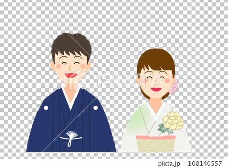 Smiling male and female couple in crested hakama and kimono 108140557