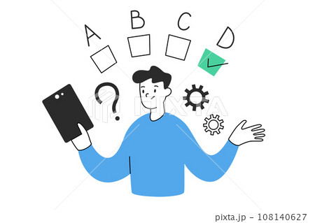 Person passing online test on tablet, hand drawn composition with checkboxes, checkmarks, vector illustration of thinking process, man choosing answers on tablet, colored clipart on white background 108140627