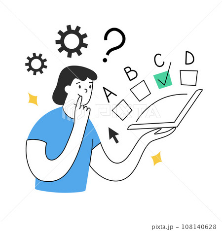 Person passing online test on laptop, hand drawn scene with quiz interface, thinking and choosing answers, woman placing checkmark in survey, vector illustration, colored clipart on white background Person passing online test on laptop, hand drawn scene with quiz interface, thinking and choosing answers, woman placing checkmark in survey, vector illustration, colored clipart on white background 108140628