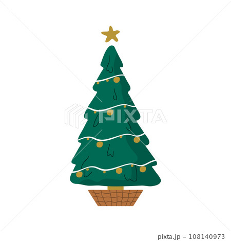 Christmas tree in pot. Holiday spruce with garland and star. Cozy home decoration on white background. Vector illustration in flat cartoon style 108140973